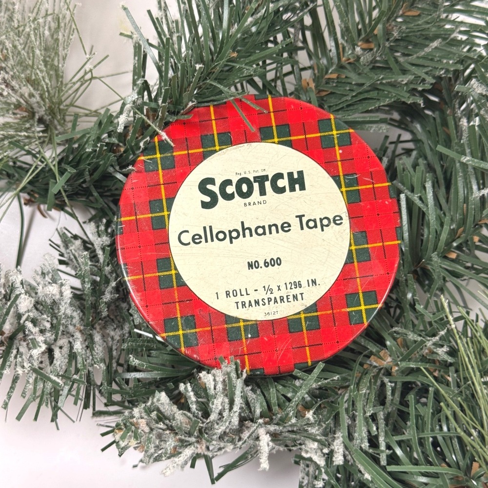 Vintage Scotch Brand Cellophane Tape Tin No 600 Red Plaid Holiday Decor USA